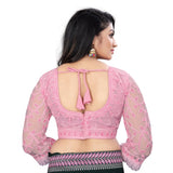 Pink nylon net embroidered blouse (free size), women's stitched V-neck with 3/4 sleeves
