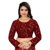 Maroon velvet embroidered blouse, full sleeve, round neck, ready-made women's fashion