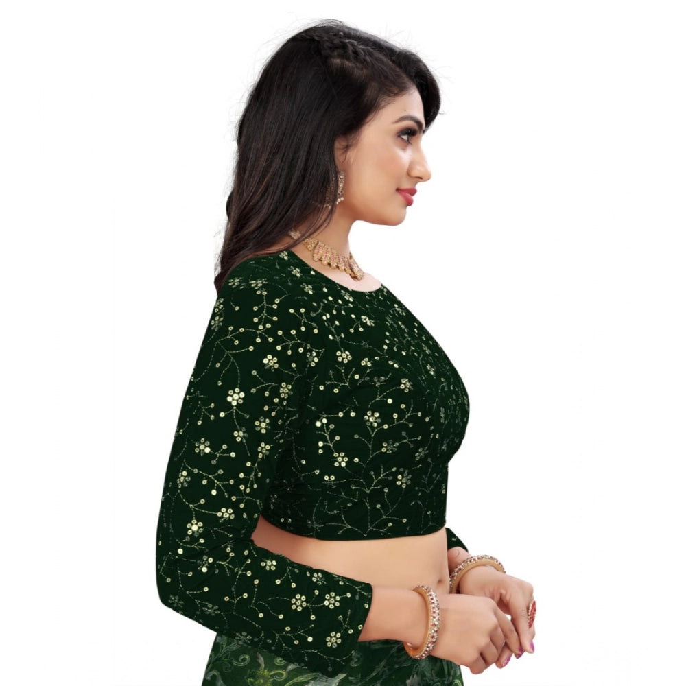 Green velvet embroidered blouse, full sleeve, round neck on hanger
