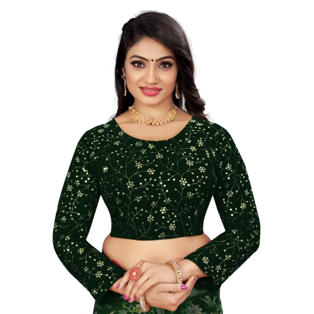 Green velvet embroidered blouse with full sleeves and round neck for women on hanger