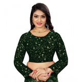 Green velvet embroidered blouse with full sleeves and round neck for women on hanger