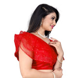 Red nylon work blouse with diamond work pattern, sleeveless and v-neck design for women's free size, ready-made style