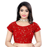 Red velvet sequin readymade blouse with short sleeves and round neck, free size for women's fashion