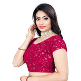 Pink velvet sequin readymade blouse, free size for women with short sleeves and round neck