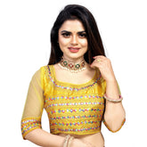Yellow Phantom Silk embroidered blouse, free size stitched blouse with 3/4 sleeves and round neck on display stand
