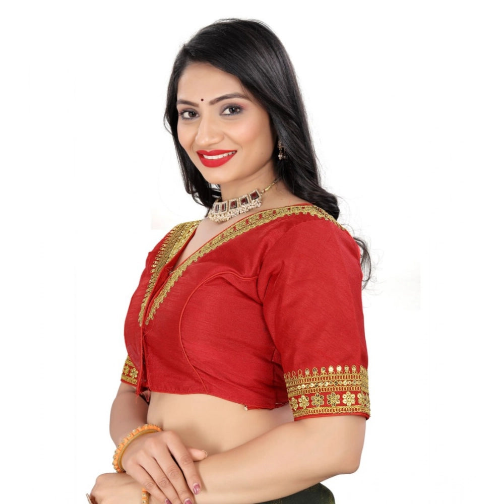 Red Banglory embroidered blouse, free size half sleeve v-neck on hanger