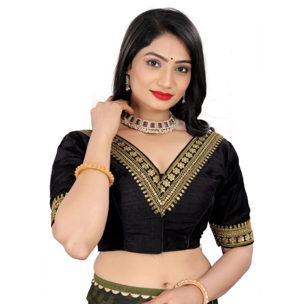 Black Banglory embroidered blouse, half sleeve, v-neck design - free size ready-made women's fashion