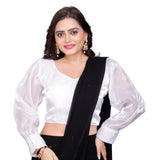 White organza free size long sleeve v-neck blouse, ready-made plain organza blouse for women