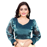 Teal organza long-sleeved v-neck blouse for women, free size, ready-to-wear plain design