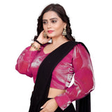 Pink organza free size long sleeve v-neck blouse, ready-made plain style for women