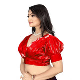 Red organza readymade blouse, free size, half sleeve, v-neck style