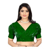 Green organza readymade blouse, half sleeve, v-neck, plain pattern for women's free size wardrobe