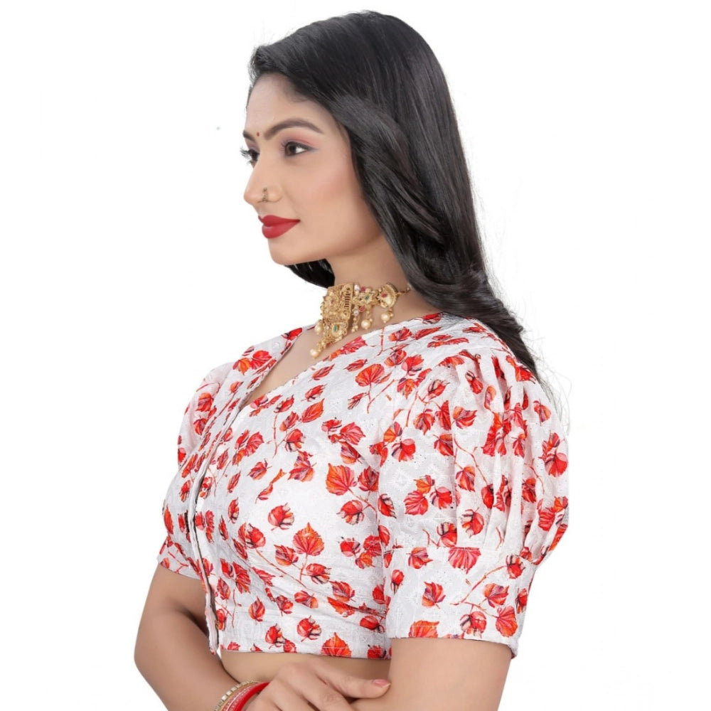 Cotton blend red floral blouse for women (free size), vibrant v-neck design with short sleeves