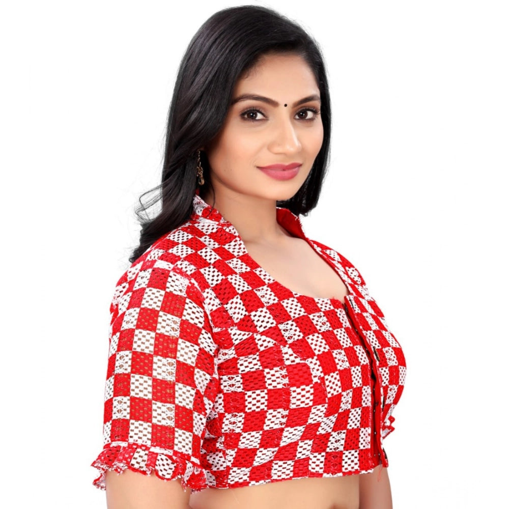 Red cotton blend checks readymade blouse with short sleeves and square neckline