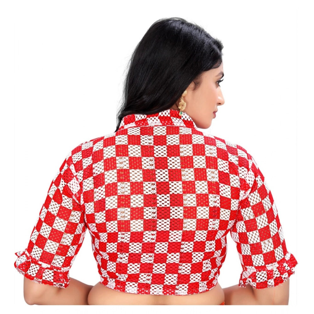 Red cotton blend checks readymade blouse, short-sleeved square neck, free size