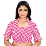 Pink cotton blend checks readymade blouse, short sleeve, square neck, free size