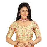 Beige satin short-sleeve floral readymade blouse for women, free size