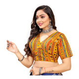 Mustard cotton blend women's readymade short sleeve V-neck blouse, plain design (free size)