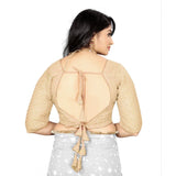 Cream Georgette embroidered blouse, free size, 3/4 sleeve V-neck for women
