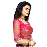 Pink Phantom Silk embroidered blouse, round neck, 3/4 sleeve, free size