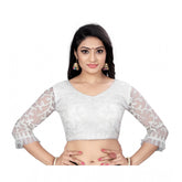 White nylon net embroidered blouse, free size, 3/4 sleeve, V-neck pattern for women's fashion