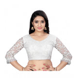 White nylon net embroidery blouse, free size, 3/4 sleeve, V-neck design