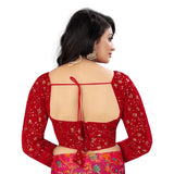 Red velvet embroidered blouse, full sleeve, round neck design for women
