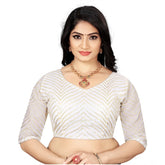 White Georgette embroidered blouse, free size, 3/4 sleeve V-neck