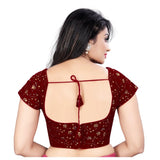 Maroon velvet short-sleeve sequin blouse for women, free size, shimmering detail on display stand