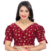 Maroon Jimmy Choo embroidery readymade blouse with half sleeves, free size, vintage-inspired fashion