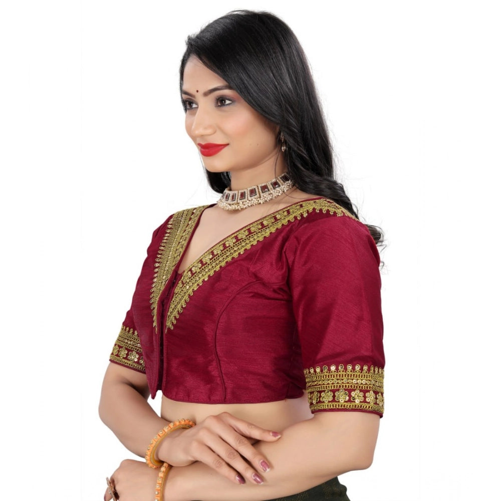 Maroon Banglory embroidery blouse (free size), vintage V-neck half sleeve blouse with intricate embroidery detail, women's traditional readymade clothing