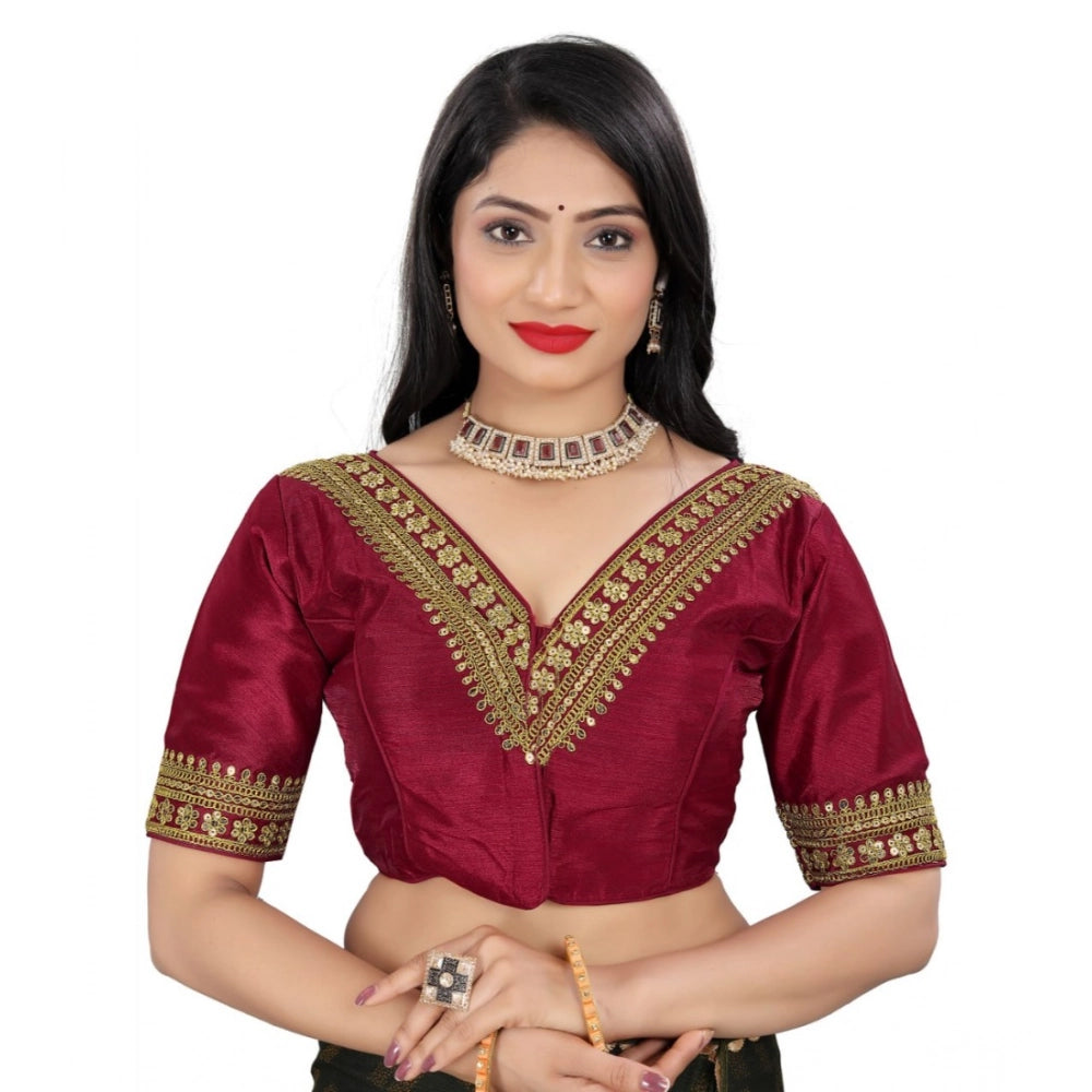 Maroon Banglory embroidered blouse (half sleeve, v-neck), free size for women's fashion