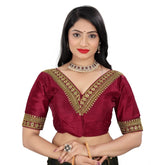 Maroon Banglory embroidered blouse (half sleeve, v-neck), free size for women's fashion