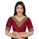Maroon Banglory embroidered blouse (half sleeve, v-neck), free size for women's fashion