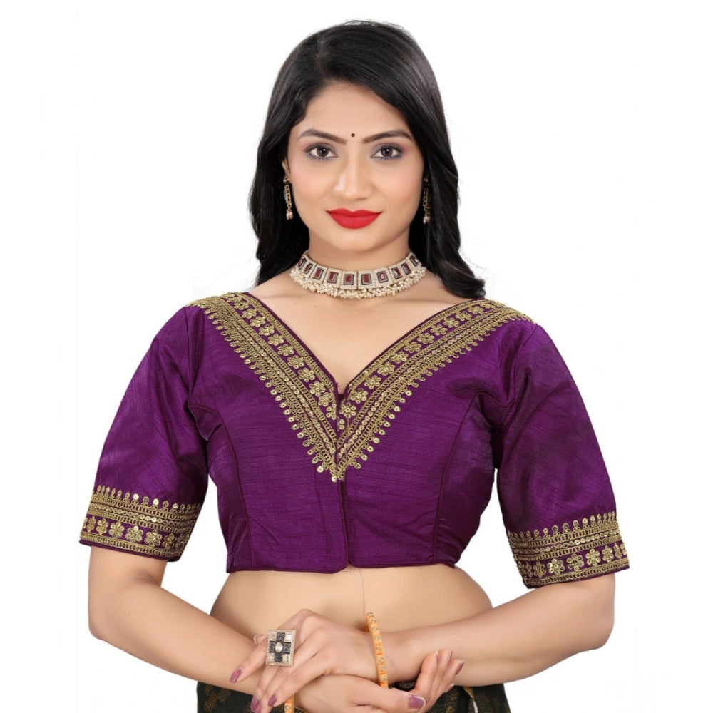 Magenta Banglory embroidered blouse, half sleeve v-neck ready-made blouse for women