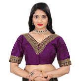 Magenta Banglory embroidered blouse, half sleeve v-neck ready-made blouse for women