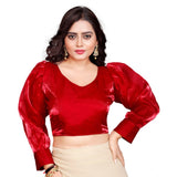 Red organza readymade blouse, long sleeve v-neck design, free size for women's fashion