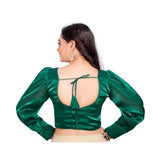 Green organza long sleeve v-neck blouse, free size ready-made for women