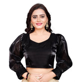 Organza cream long sleeve v-neck blouse for women, free size, plain design on mannequin