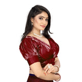 Maroon organza blouse (free size), half sleeve v-neck readymade for women