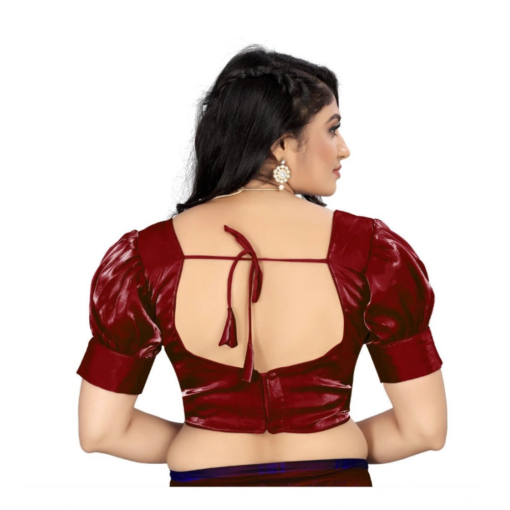Maroon organza free size readymade blouse with v-neck and half sleeves