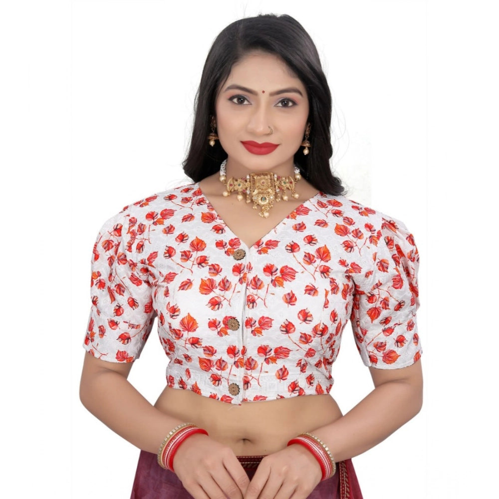 Red cotton blend floral readymade blouse for women, short sleeve v-neck style with floral pattern on display