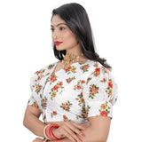Orange cotton blend floral readymade blouse for women, short sleeve v-neck with floral pattern on display
