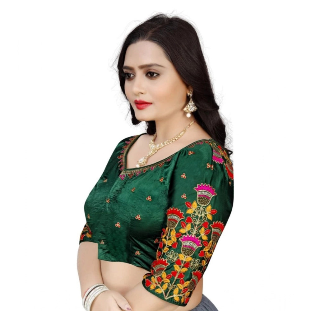 Green Malai Silk floral readymade blouse, half sleeve round neck with intricate floral pattern for women's free size
