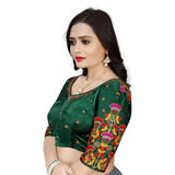 Green Malai Silk floral readymade blouse, half sleeve round neck with intricate floral pattern for women's free size