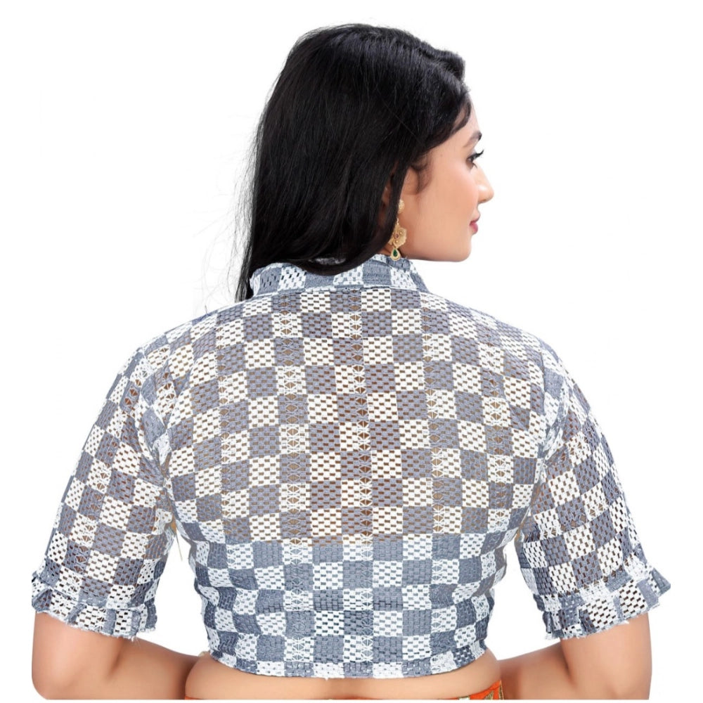 Grey cotton blend checks readymade blouse for women, short-sleeve square neck style