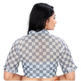 Grey cotton blend checks readymade blouse for women, short-sleeve square neck style