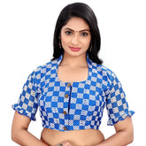 Blue cotton blend checks readymade blouse for women, short sleeve square neck style