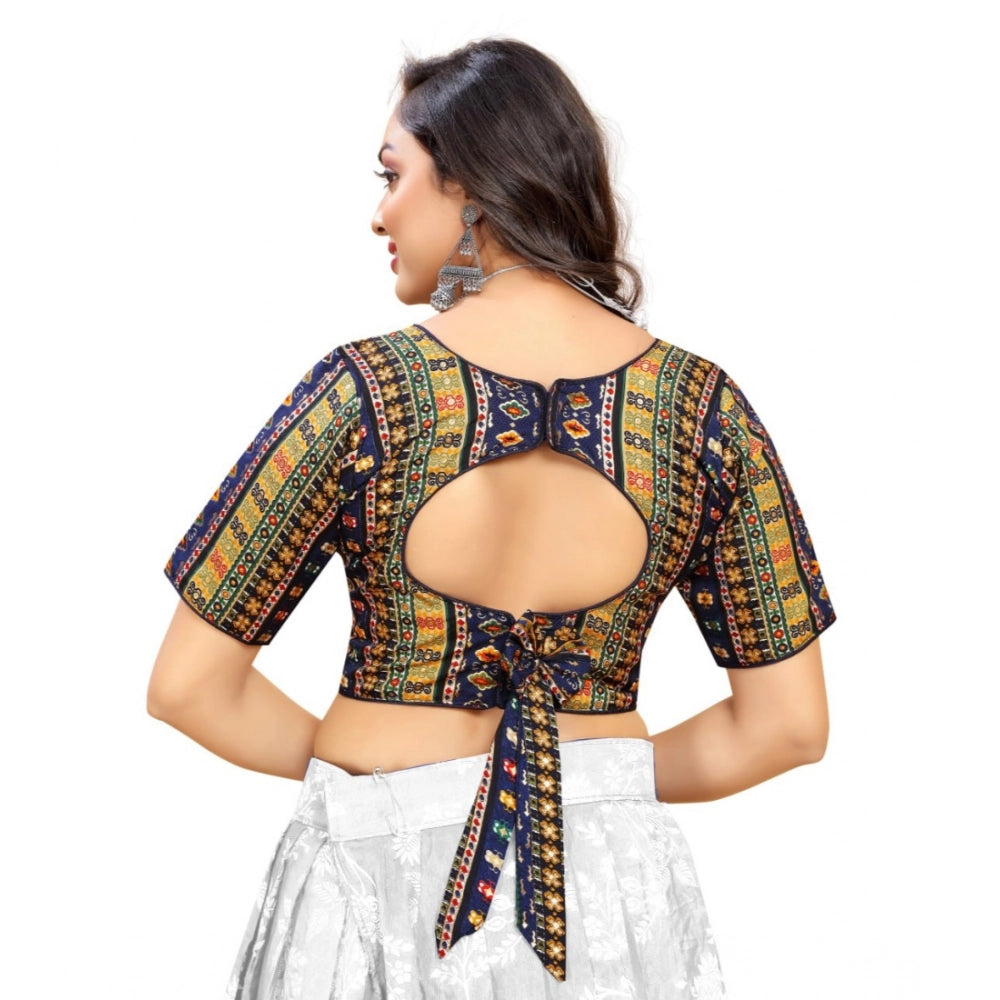 Navy Blue Cotton Blend Readymade Blouse - Short Sleeve V-Neck plain blouse for women