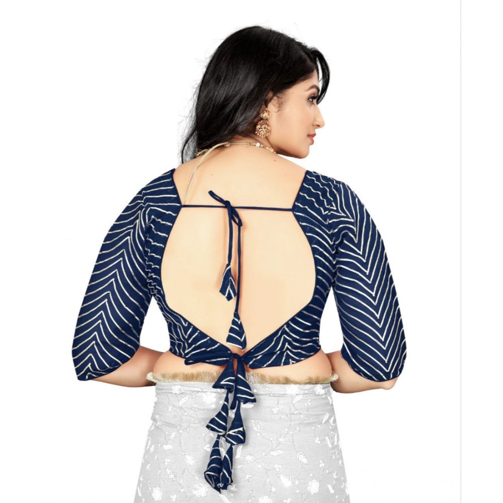 Navy Blue Georgette Embroidered Blouse - Free Size, women's ready-made V-Neck with 3/4 sleeves, embroidery pattern on display